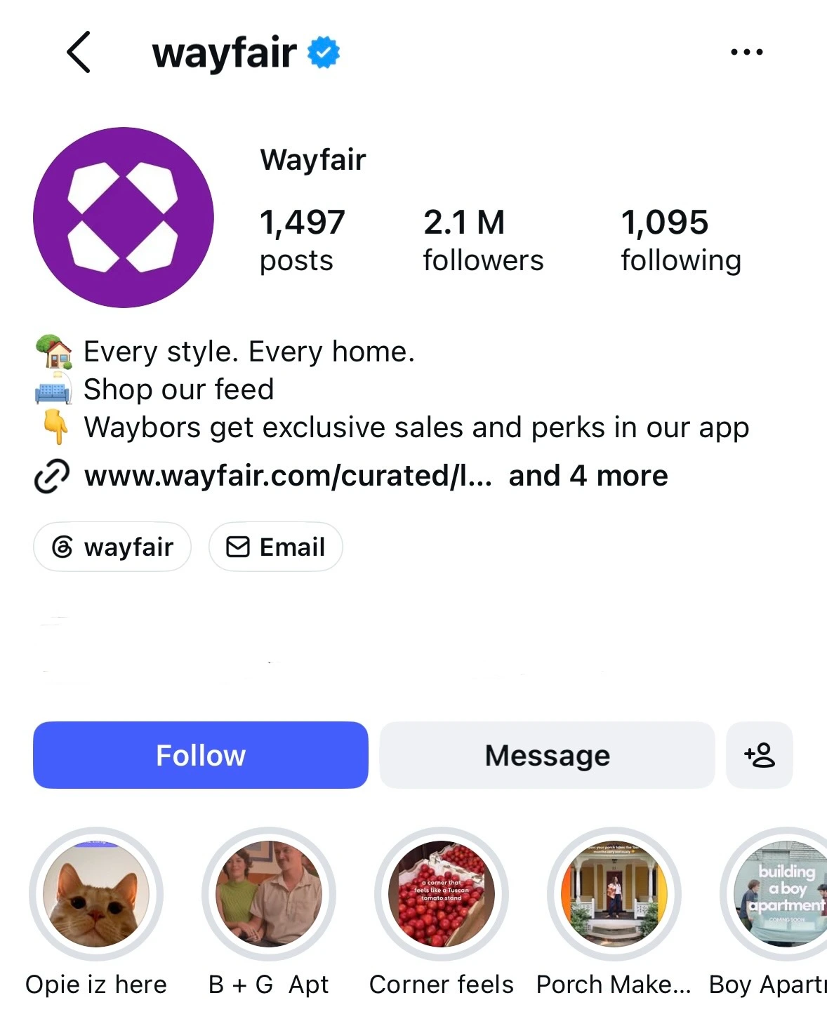 Wayfair Instagram bio